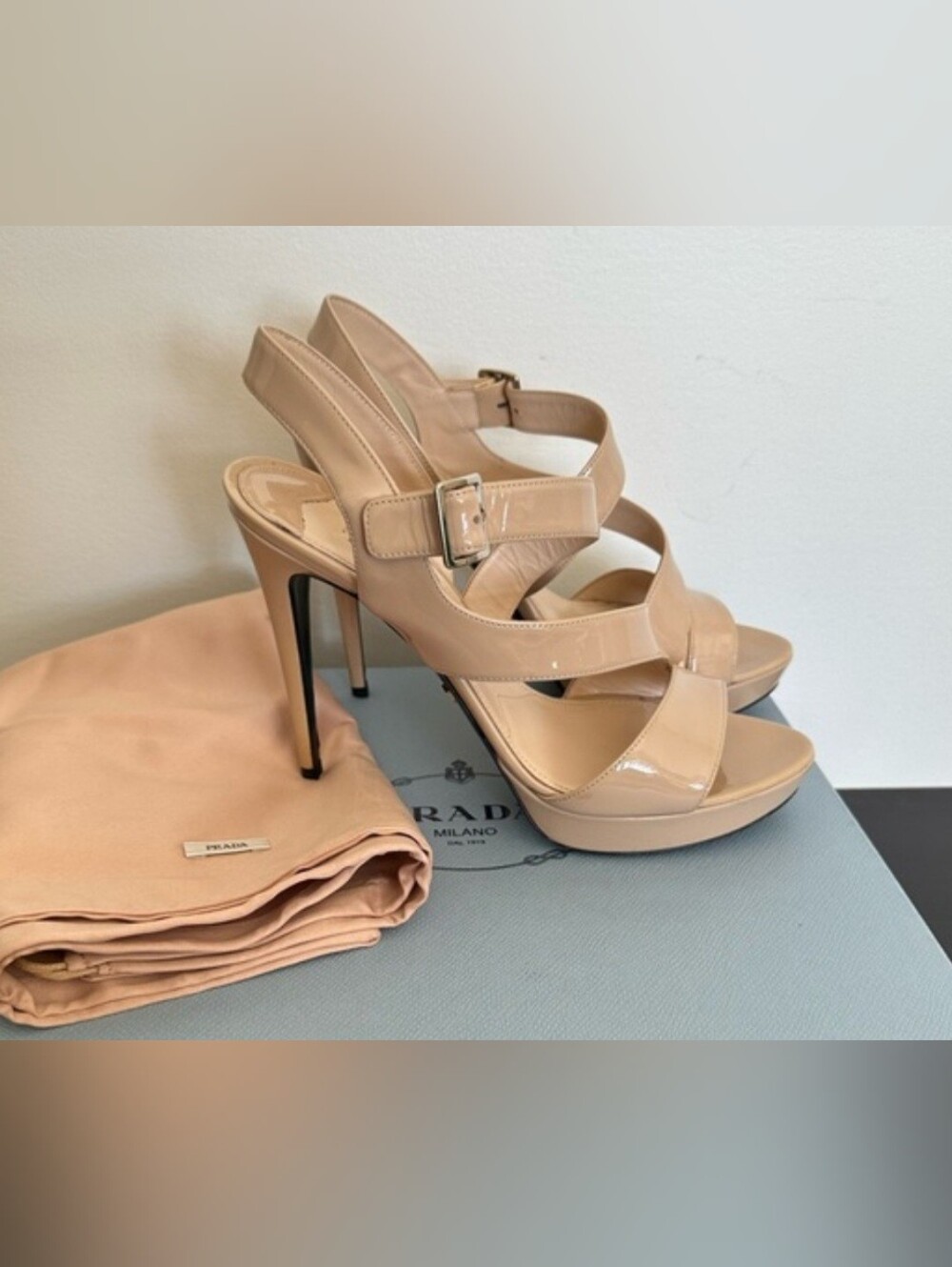 Prada Nude Patent Leather Platform Slingback Sandals